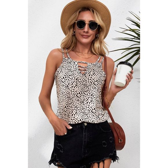 Azura Exchange  Khaki Leopard Print Ladder Keyhole Tank Top - Picture 3 of 12